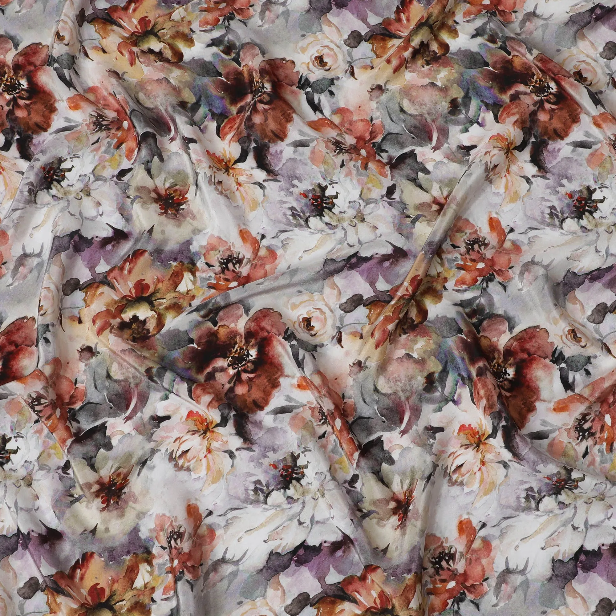 Whimsical Watercolor Floral Viscose Fabric, 110 cm Width - Soft Mauve & Sepia Tones on Grey-D18731