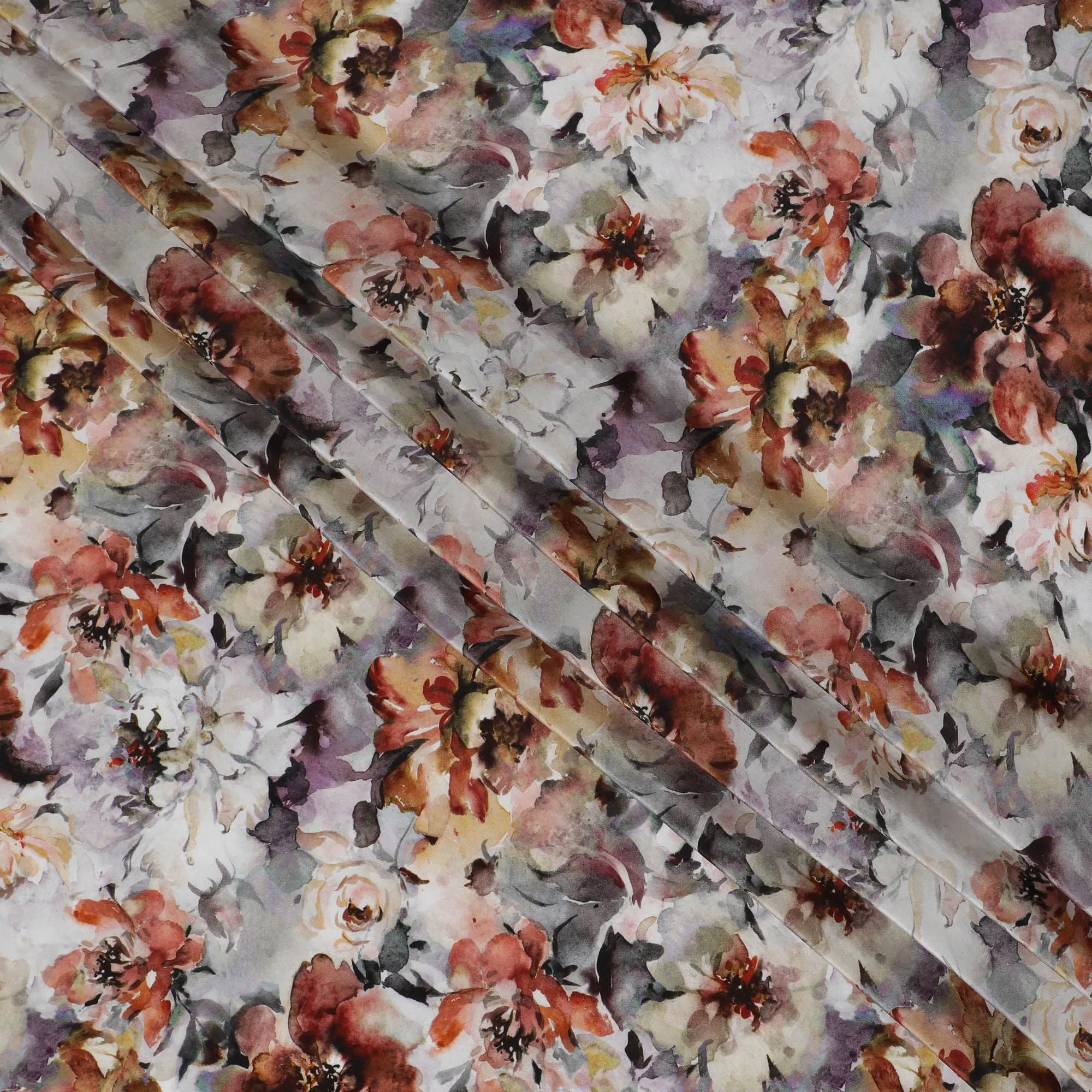 Whimsical Watercolor Floral Viscose Fabric, 110 cm Width - Soft Mauve & Sepia Tones on Grey-D18731