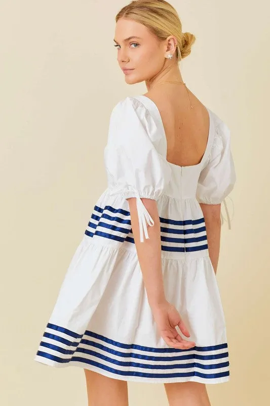 White Marine Short Sleeve Ruffle Mini Dress