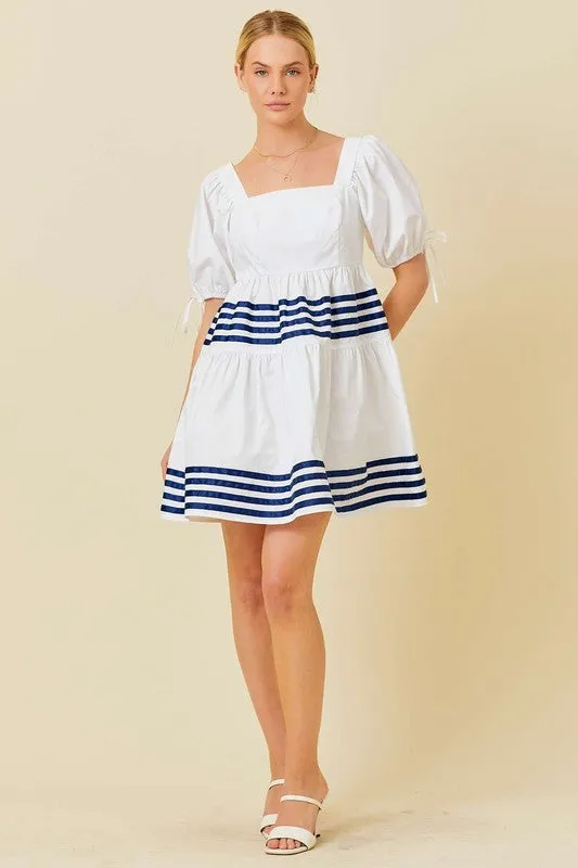 White Marine Short Sleeve Ruffle Mini Dress