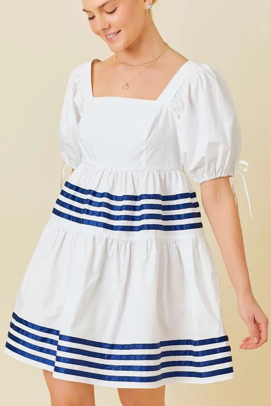 White Marine Short Sleeve Ruffle Mini Dress