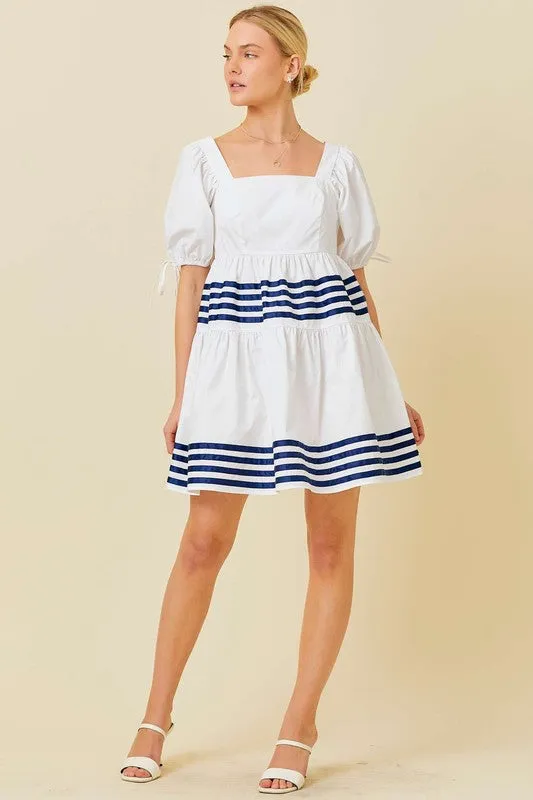 White Marine Short Sleeve Ruffle Mini Dress