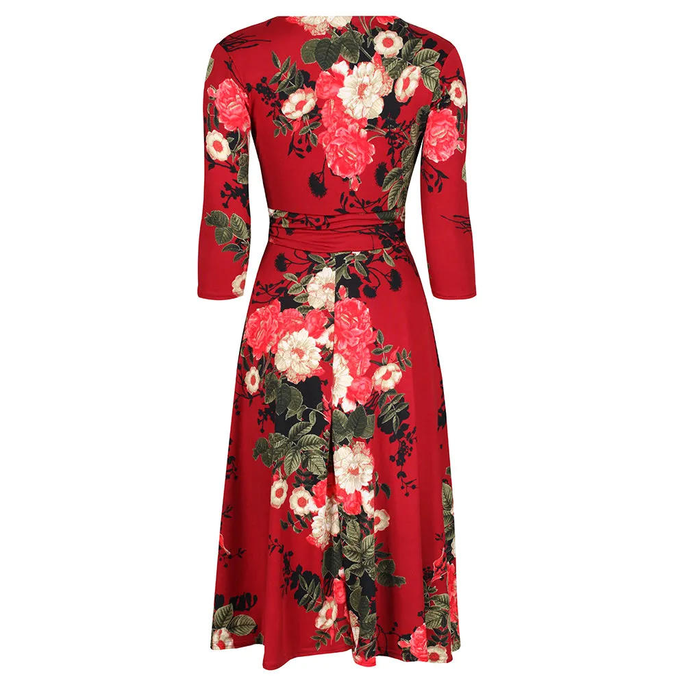 Wine Red Floral 3/4 Sleeve V Neck Crossover Top Empire Waist Swing Dress