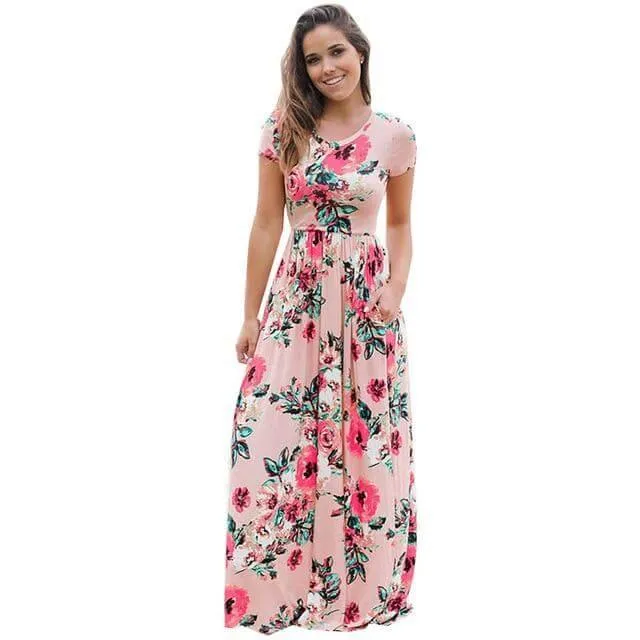 Women Bohemia Short Sleeve O Neck Floral Summer Dress