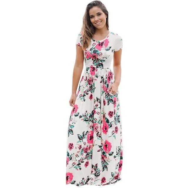 Women Bohemia Short Sleeve O Neck Floral Summer Dress