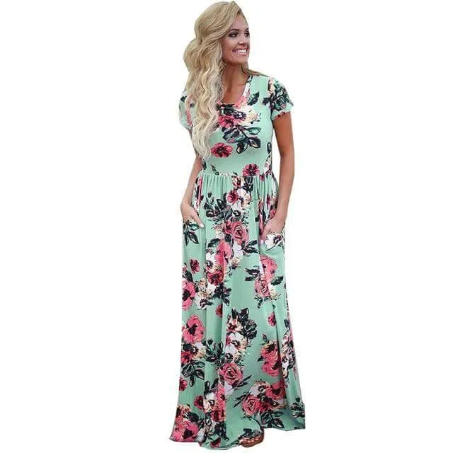 Women Bohemia Short Sleeve O Neck Floral Summer Dress