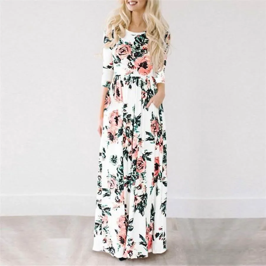 Women Bohemia Short Sleeve O Neck Floral Summer Dress