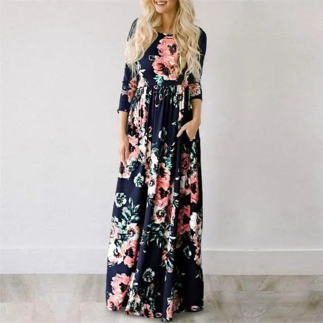 Women Bohemia Short Sleeve O Neck Floral Summer Dress