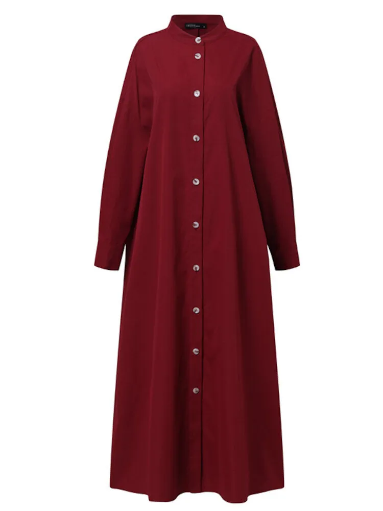 Women Long Sleeve Shirt Dresses Solid Color Button Cuffs Calf Length Casual Midi Dresses