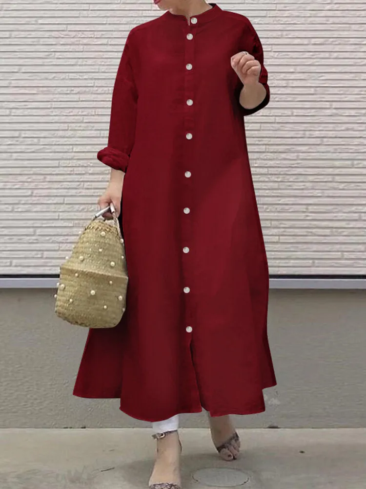 Women Long Sleeve Shirt Dresses Solid Color Button Cuffs Calf Length Casual Midi Dresses