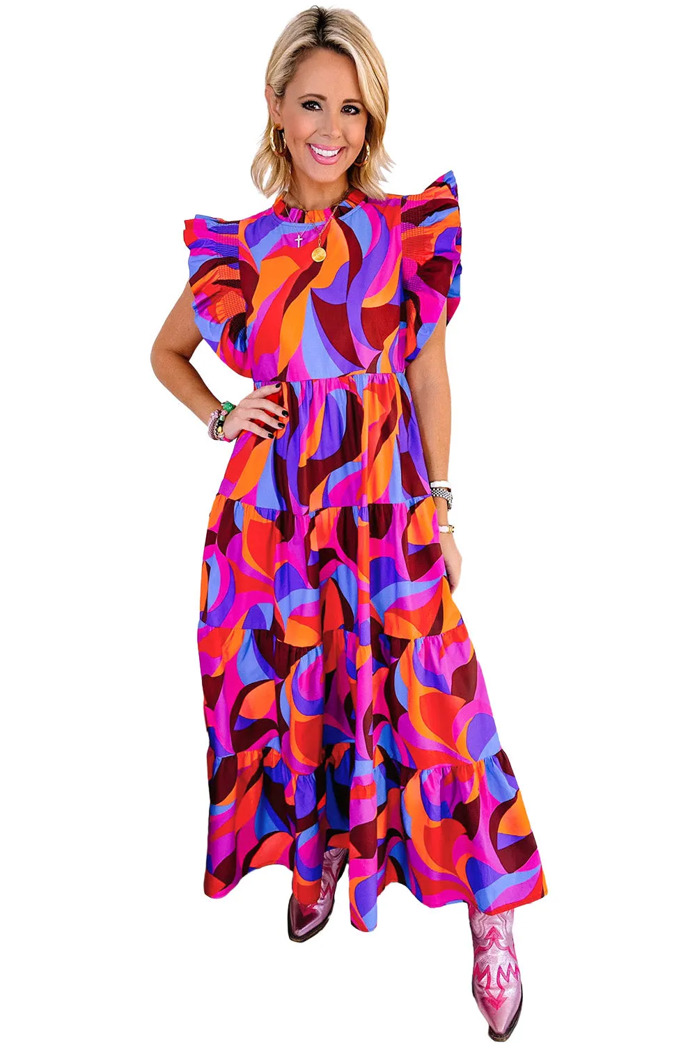 Women's Abstract Printed High Waist Ruffle Tiered Long Dress