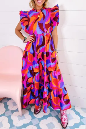 Women's Abstract Printed High Waist Ruffle Tiered Long Dress